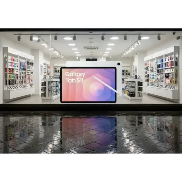 Vetrina di un negozio con il tablet Samsung Galaxy Tab S11 esposto in modo attraente