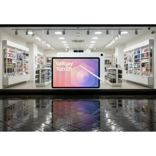 Vetrina di un negozio con il tablet Samsung Galaxy Tab S11 esposto in modo attraente