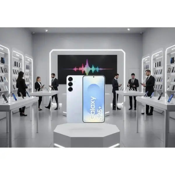 Smartphone Samsung S25+ esposto in un negozio elegante con clienti e personale attorno