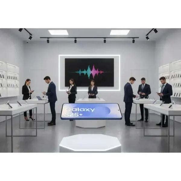 Negozio Samsung con smartphone Galaxy S25+ in mostra e clienti che esplorano i dispositivi