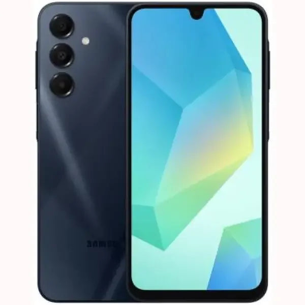 Samsung smartphone blu scuro con display grande e notch a goccia, triple fotocamere posteriori verticali e finitura lucida