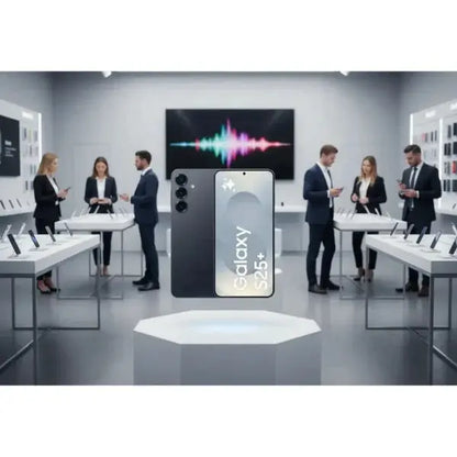 Smartphone Samsung SM-S936 esposto in una moderna sala mostra con professionisti al lavoro