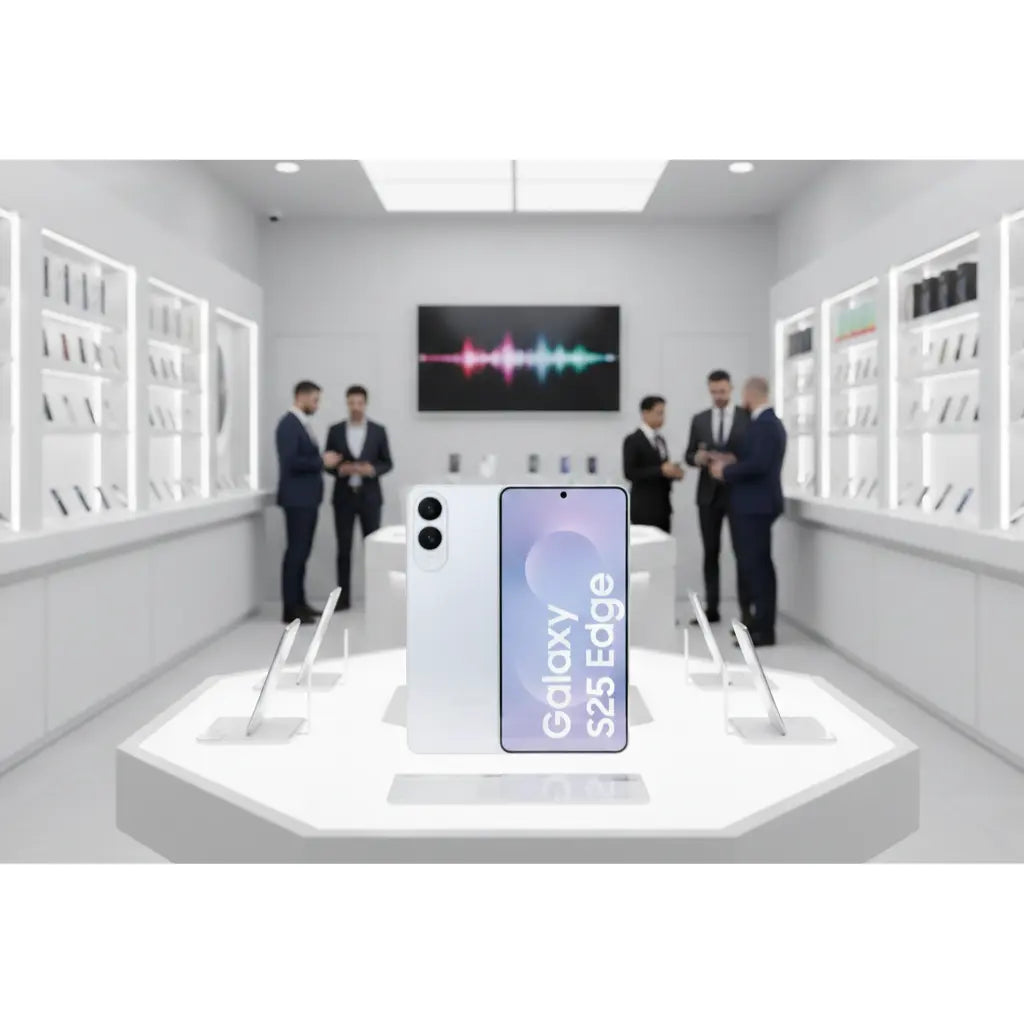 Smartphone Samsung SM-S937 Galaxy S25 Edge in un'ambientazione moderna con coloro che discutono