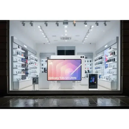 Negozio Samsung che mostra il tablet Samsung SM-X930 Galaxy Tab S11 Ultra in vetrina con accessori