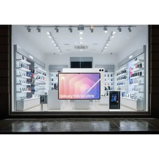Negozio Samsung che mostra il tablet Samsung SM-X930 Galaxy Tab S11 Ultra in vetrina con accessori