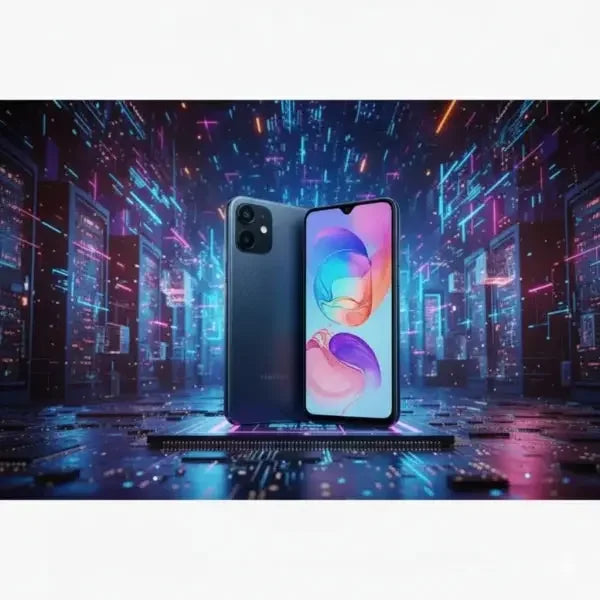 Smartphone Samsung con schermo grande e design moderno in un ambiente futuristico