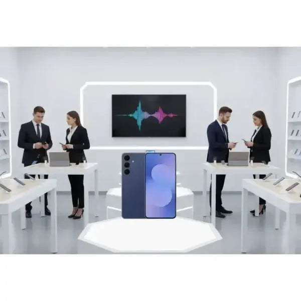 Smartphone Samsung con design elegante esposto in negozio di elettronica moderna