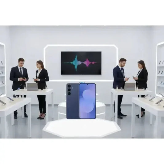 Smartphone Samsung con design elegante esposto in negozio di elettronica moderna