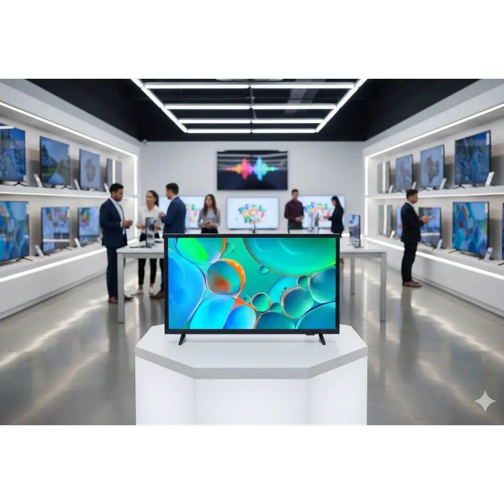 Televisore Samsung con immagini vivide in un showroom moderno con vari modelli esposti