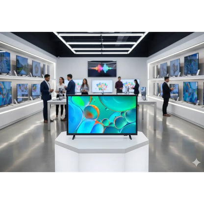 Televisore Samsung con immagini vivide in un showroom moderno con vari modelli esposti