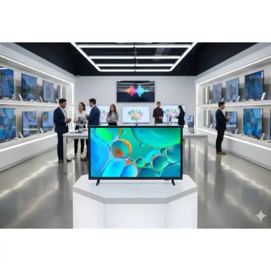 Televisore Samsung con immagini vivide in un showroom moderno con vari modelli esposti