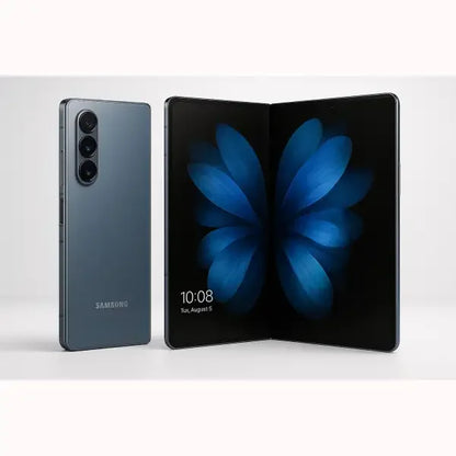Samsung Z Fold 7 smartphone pieghevole grigio aperto con schermo interno a libro e retro con tripla fotocamera e sfondo blu