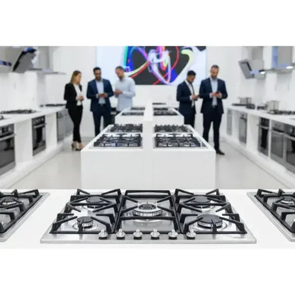 Piano cottura SMEG con design elegante e bruciatori ad alte prestazioni nel centro espositivo