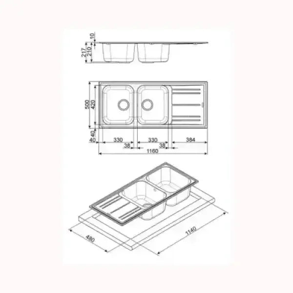 Schema tecnico lavello SMEG con due vasche e scolapiatti integrato in acciaio inox