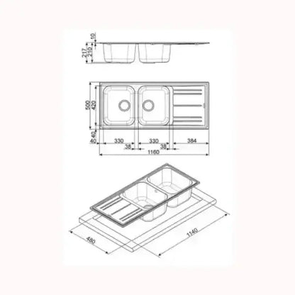 Schema tecnico lavello SMEG con due vasche e scolapiatti integrato in acciaio inox
