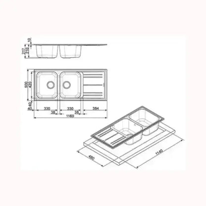 Disegno tecnico lavello doppia vasca con scolapiatti SMEG con misure dettagliate