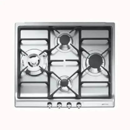 Piano cottura SMEG in acciaio inox con quattro fuochi e manopole frontali ergonomiche