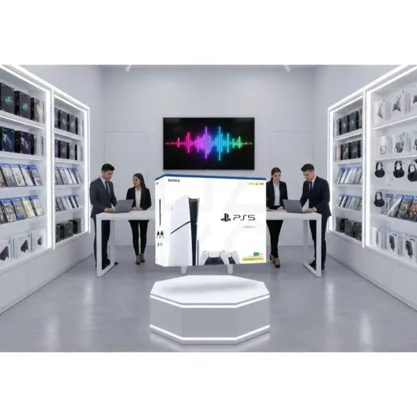 Console Sony PS5 in esposizione in un moderno negozio di elettronica con scaffali di videogiochi