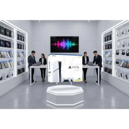 Console Sony PS5 in esposizione in un moderno negozio di elettronica con scaffali di videogiochi