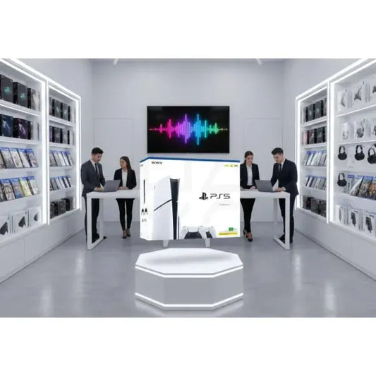 Console Sony PS5 in esposizione in un moderno negozio di elettronica con scaffali di videogiochi