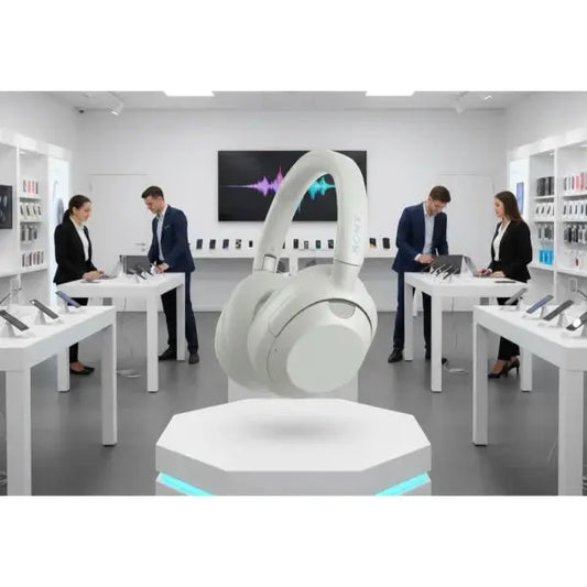 Cuffie Sony in bianco su display, ideale per audio di alta qualità e comfort prolungato