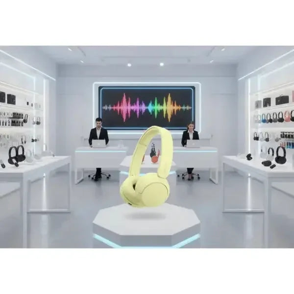 Cuffie Sony gialle con design moderno esposte in un negozio di elettronica