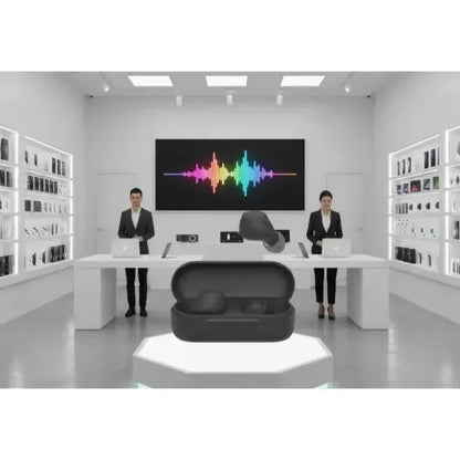 Cuffie wireless Sony con design elegante e custodia di ricarica in negozio di tecnologia