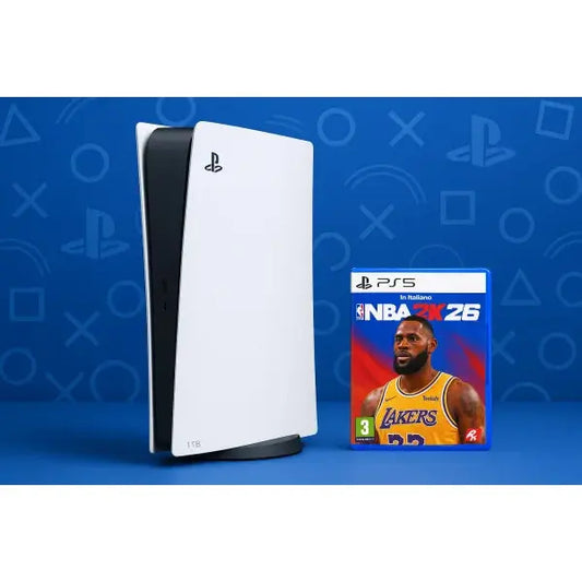 Console PS5 di Sony Computer Entertainment con il gioco NBA 2K26 accanto
