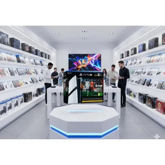 Console PS5 esposta in un negozio di videogiochi moderno con giochi sui ripiani
