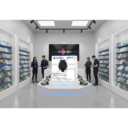 Accessori giochi PS5 in negozio con dipendenti che mostrano i prodotti Sony