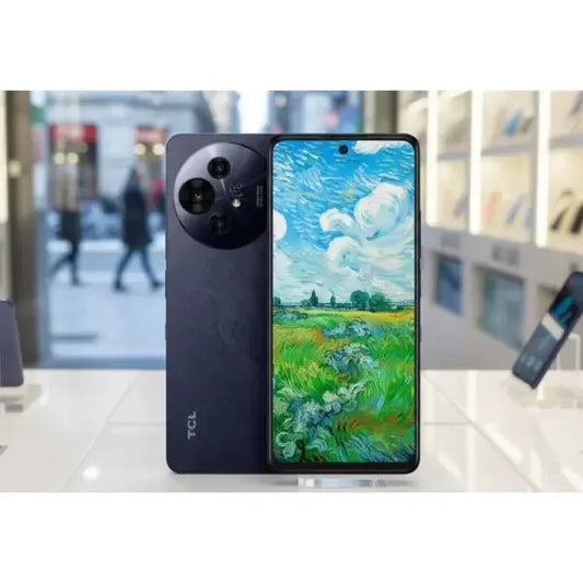 Smartphone TCL 50 Nxtpaper con display vibrante e fotocamera avanzata, esposto in negozio