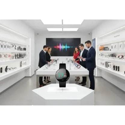 Smartwatch TECHMADE con schermo tondo e funzionalità avanzate in mostra in un negozio di elettronica