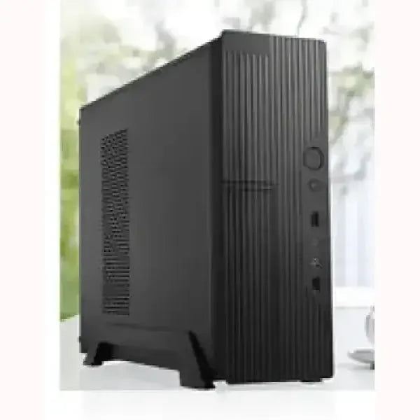 Case PC nero verticale con design a linee sottili marca TECNO per computer desktop