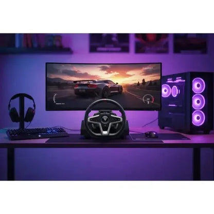 Postazione di gioco con accessori Thrustmaster, volante e schermo curvo per un'esperienza immersiva