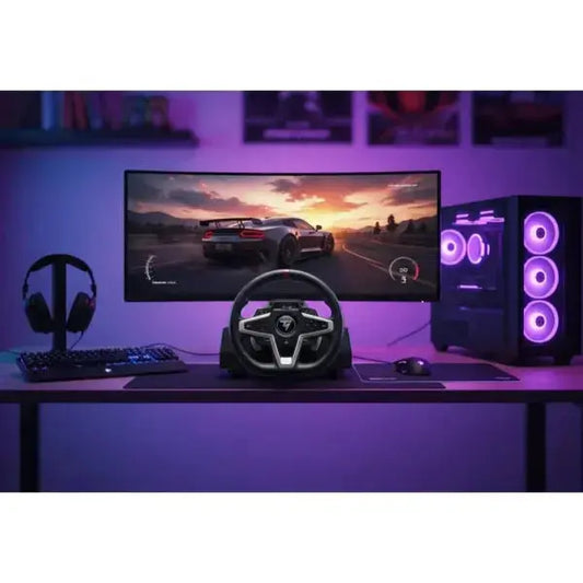 Postazione di gioco con accessori Thrustmaster, volante e schermo curvo per un'esperienza immersiva