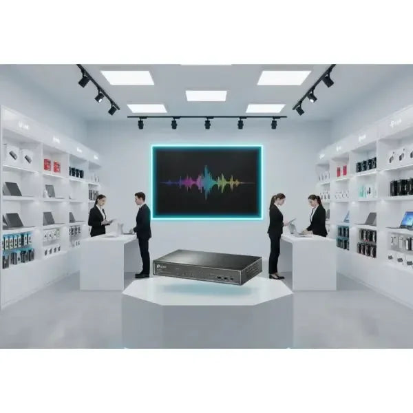 Switch TP-LINK in showroom moderno con personale che interagisce tra prodotto e clienti