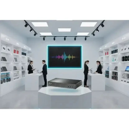 Switch TP-LINK in showroom moderno con personale che interagisce tra prodotto e clienti