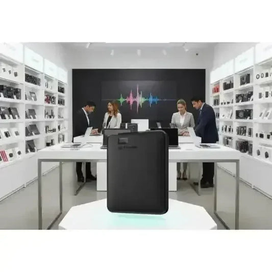 Disco rigido Western Digital in un elegante negozio di tecnologia con clienti e dipendenti al lavoro