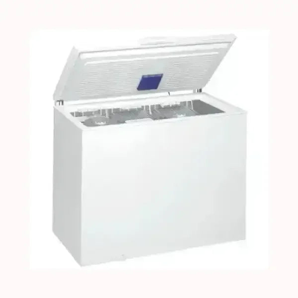 Whirlpool congelatore bianco a pozzetto con coperchio aperto per conservazione alimenti