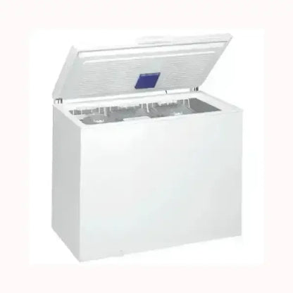 Whirlpool congelatore bianco a pozzetto con coperchio aperto per conservazione alimenti