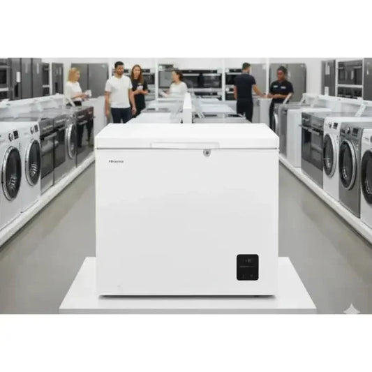 Congelatore Hisense bianco in un negozio di elettrodomestici con varie lavatrici sullo sfondo