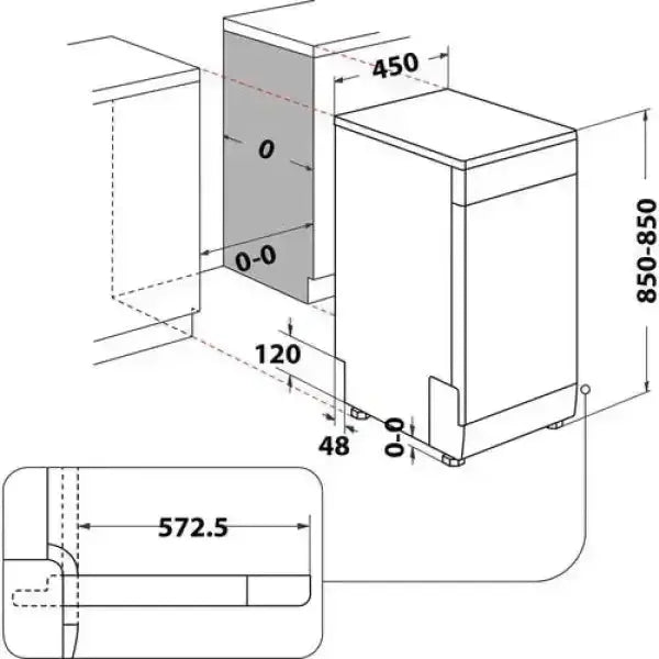 Schema tecnico con misure dettagliate della lavastoviglie Whirlpool per installazione incassata