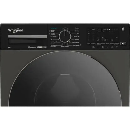 Pannello di controllo nero di lavatrice Whirlpool con manopola centrale e display digitale