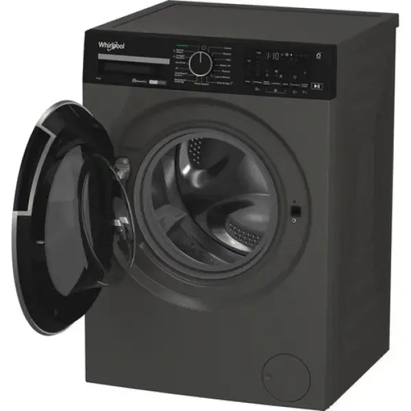 Lavatrice Whirlpool nera a carica frontale con oblò aperto e pannello di controllo digitale