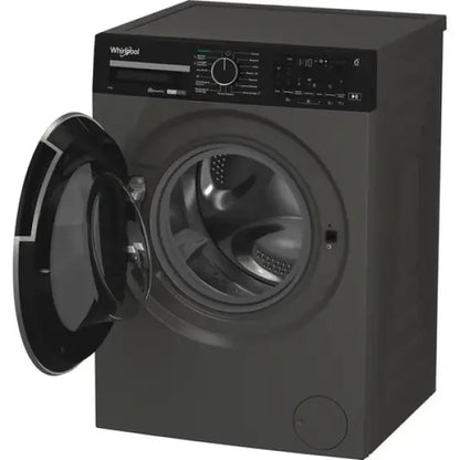 Lavatrice Whirlpool nera a carica frontale con oblò aperto e pannello di controllo digitale