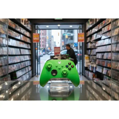 Controller verde per XBOX Serie in esposizione in un negozio di giochi con sfondo di scaffali pieni