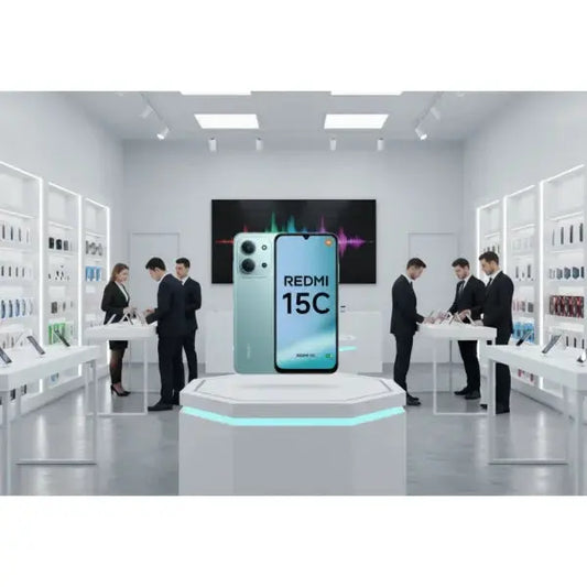Smartphone Xiaomi Redmi 15C in esposizione in un negozio moderno con clienti e personale al lavoro