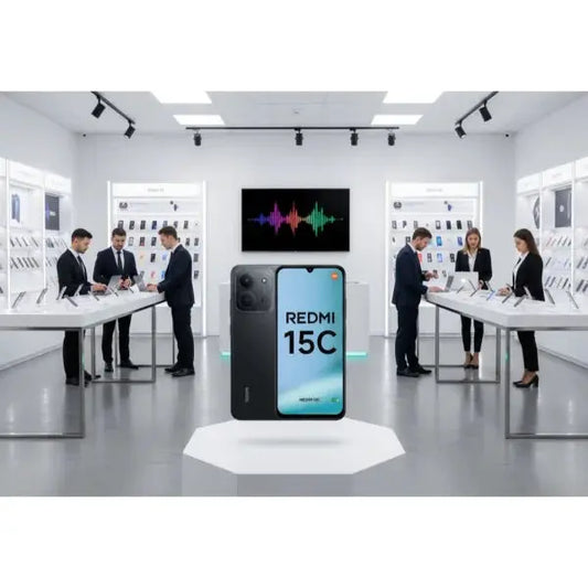 Smartphone Xiaomi Redmi 15C esposto in un negozio moderno con vari accessori tecnologici