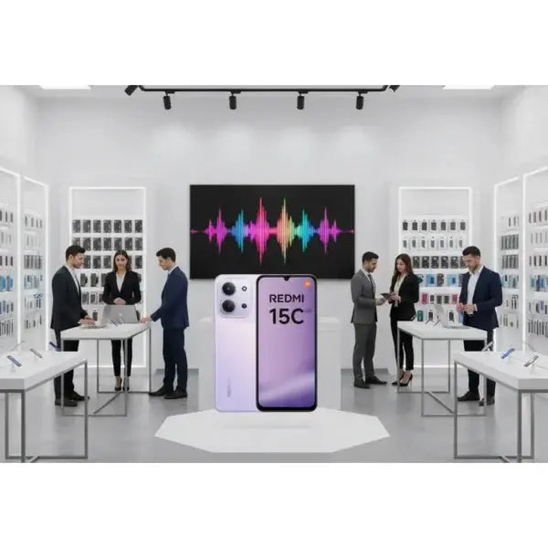 Smartphone Xiaomi Redmi 15C in un moderno showroom con grafica colorata sullo sfondo