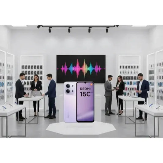 Smartphone Xiaomi Redmi 15C in un moderno showroom con grafica colorata sullo sfondo